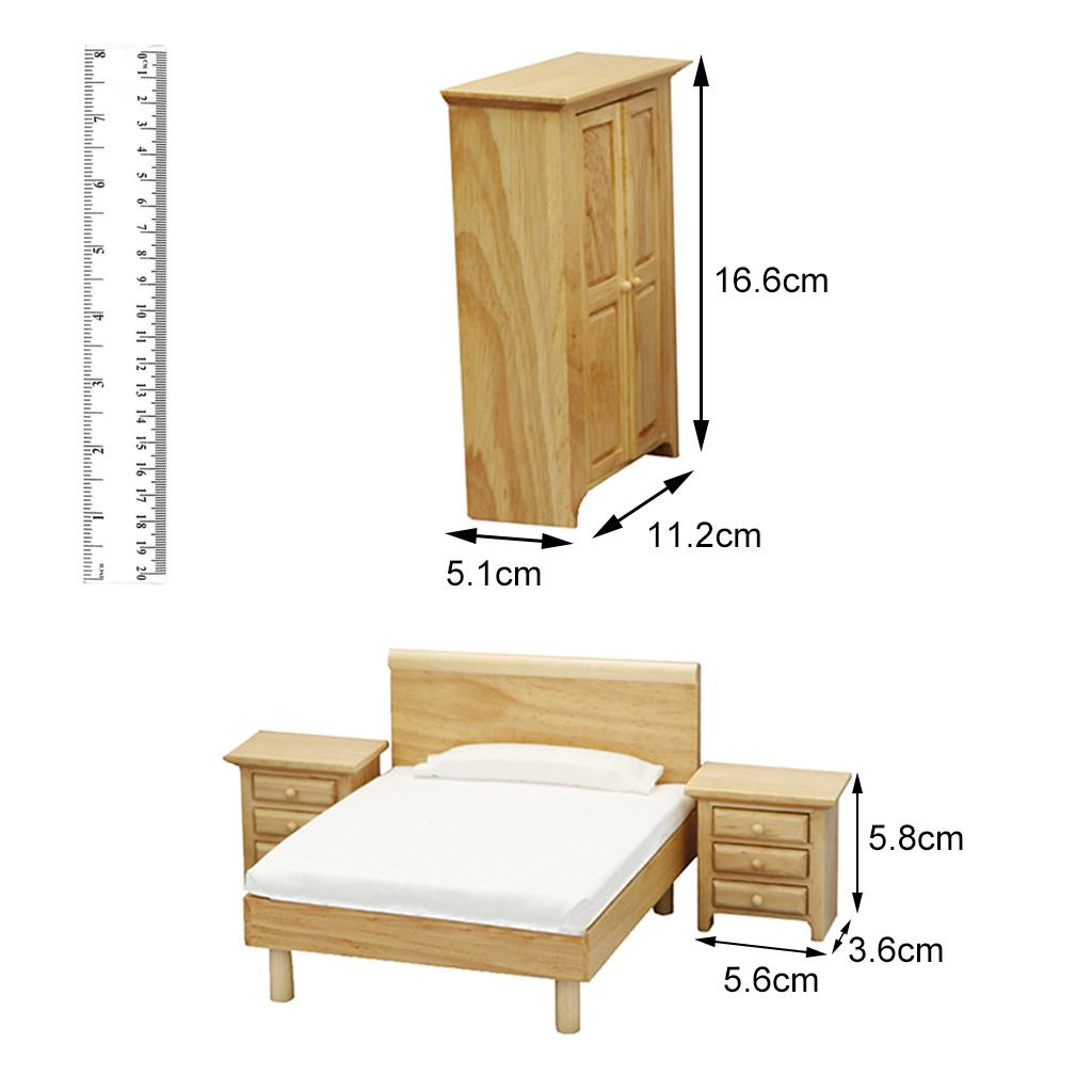 Wooden Unpainted Bedroom Furniture for 1/12 Dollhouse Room Set Decoration