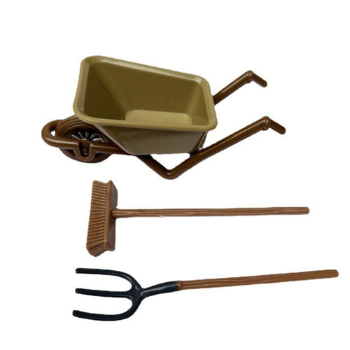 Rustic Farmhouse Miniature Set - 1:12 Scale Wooden Cart, Broom & Tools for Dollhouse Barnyard Scene