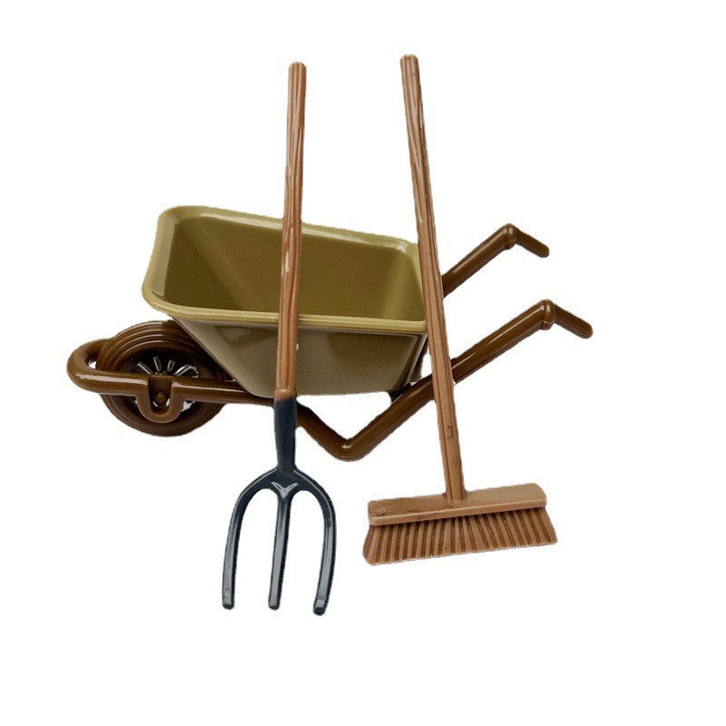Rustic Farmhouse Miniature Set - 1:12 Scale Wooden Cart, Broom & Tools for Dollhouse Barnyard Scene