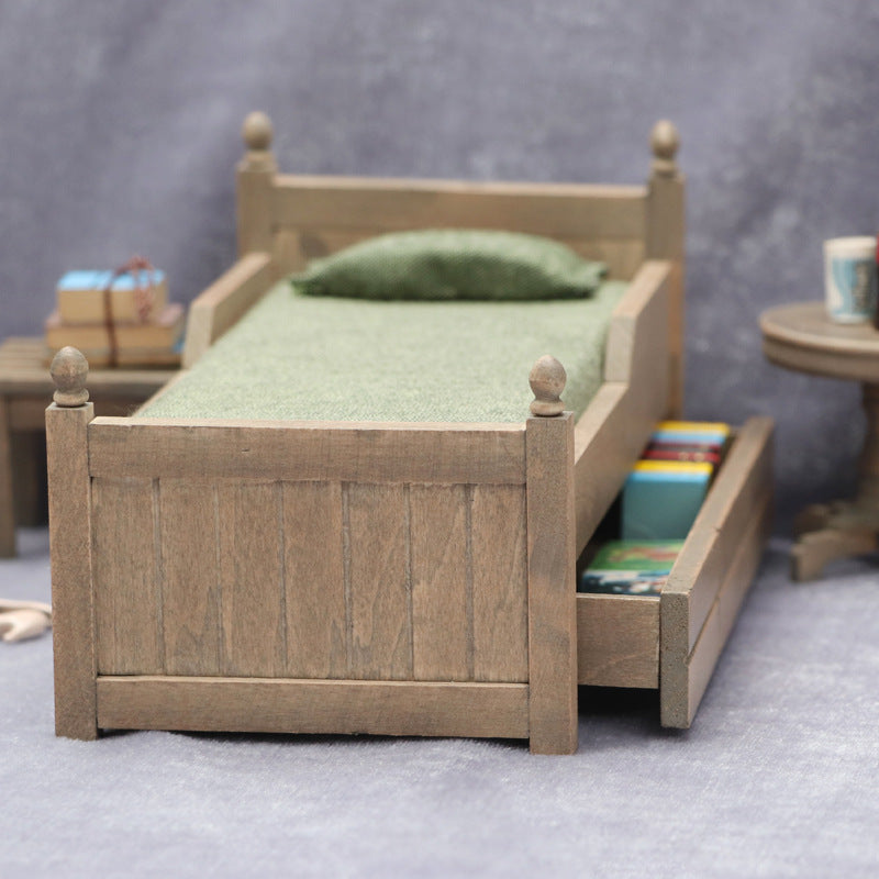 1:12 Scale Dollhouse Miniature Furniture Bedroom Scene Antique-Style Bed with Drawers