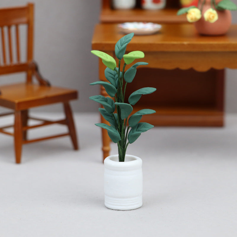 1:12 Dollhouse Miniature Plant Model – New White Pot Green Plant for Miniature Scene