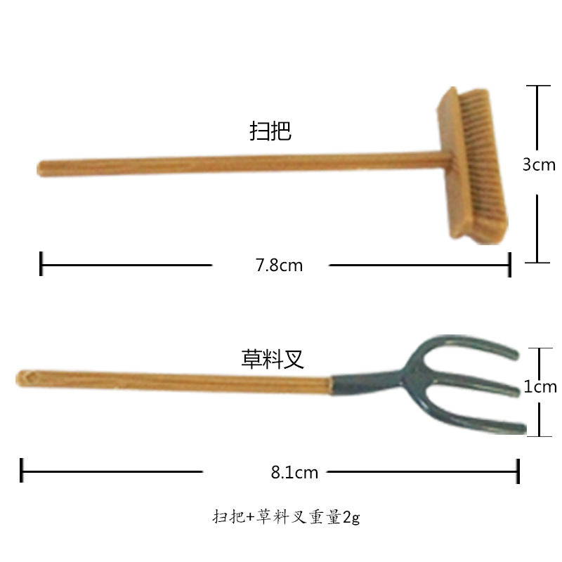 Rustic Farmhouse Miniature Set - 1:12 Scale Wooden Cart, Broom & Tools for Dollhouse Barnyard Scene