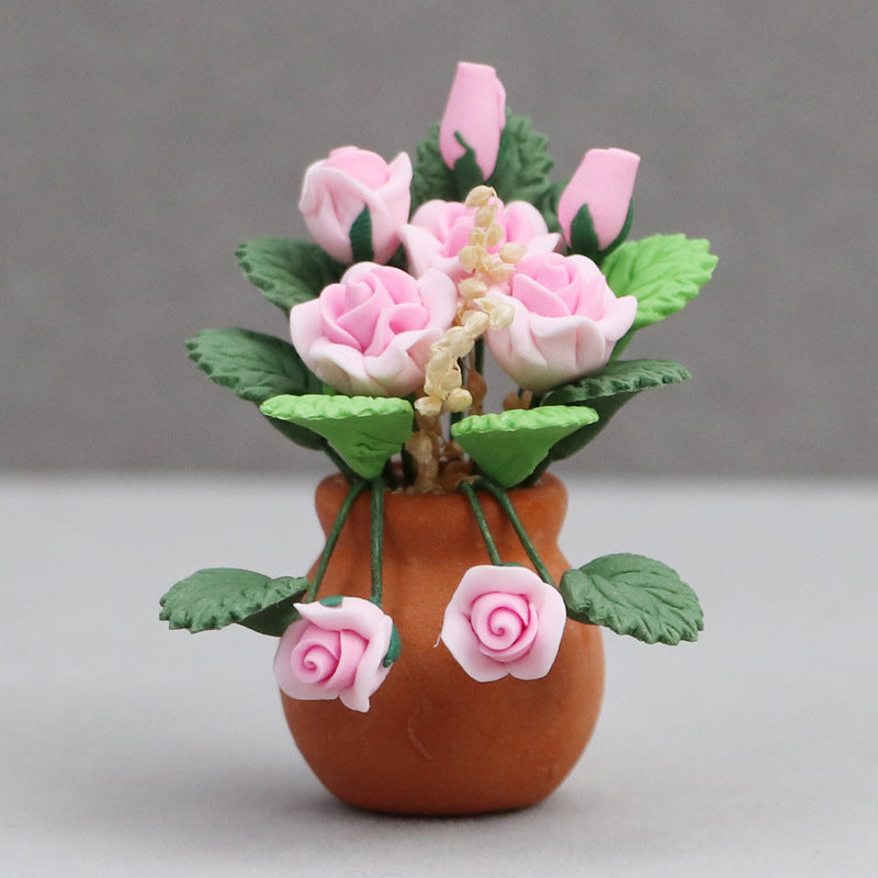 1:12 Dollhouse Miniature Furniture Micro Scene Flower Clay Rose Pot Decoration