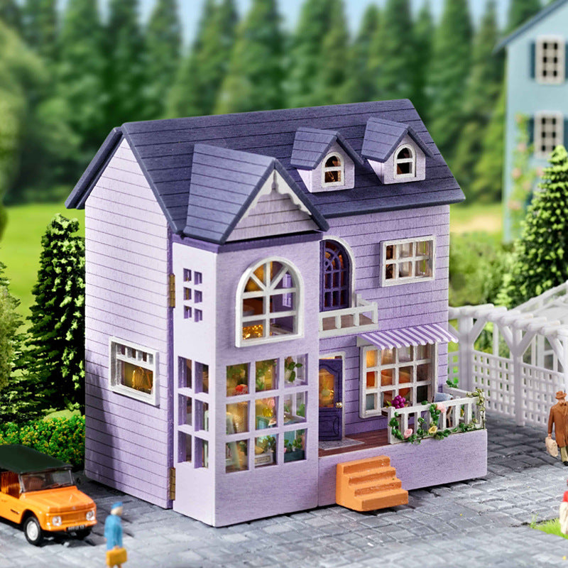 DIY Miniature Dollhouse Furniture Kit 1:24 Scale Mini 3D Mola Dollhouse with LED Handmade Model Building Tiny House Kit Creative Wooden Toy Gift for Kids Adults (The Door can Open and Close)
