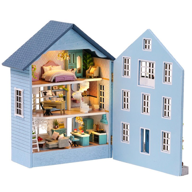 DIY Miniature Dollhouse Furniture Kit 1:24 Scale Mini 3D Mola Dollhouse with LED Handmade Model Building Tiny House Kit Creative Wooden Toy Gift for Kids Adults (The Door can Open and Close)