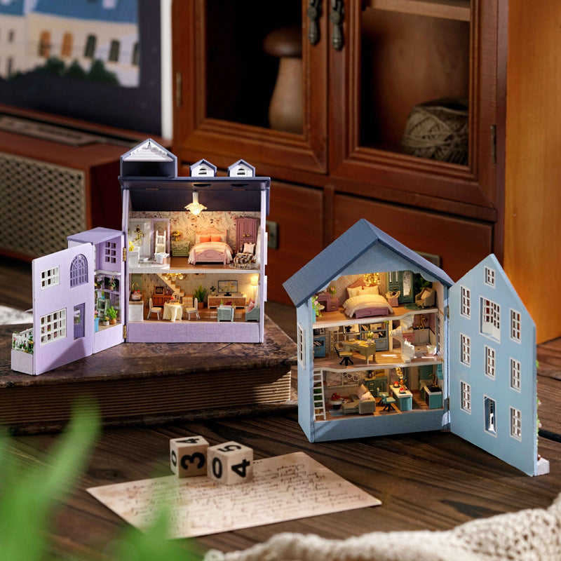 DIY Miniature Dollhouse Furniture Kit 1:24 Scale Mini 3D Mola Dollhouse with LED Handmade Model Building Tiny House Kit Creative Wooden Toy Gift for Kids Adults (The Door can Open and Close)