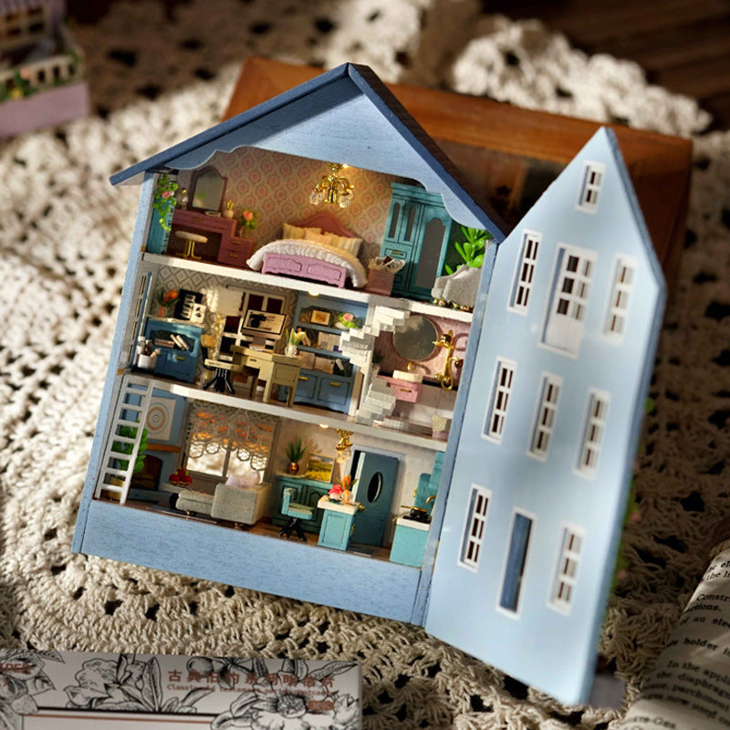 DIY Miniature Dollhouse Furniture Kit 1:24 Scale Mini 3D Mola Dollhouse with LED Handmade Model Building Tiny House Kit Creative Wooden Toy Gift for Kids Adults (The Door can Open and Close)