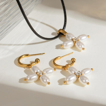 Stainless Steel Freshwater Pearl C- Shaped Hanging Cross Necklace