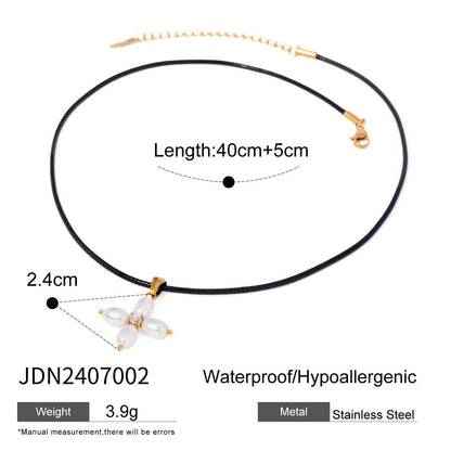 Stainless Steel Freshwater Pearl C- Shaped Hanging Cross Necklace