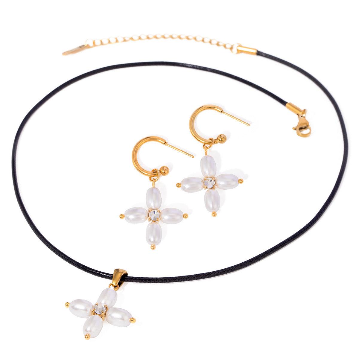 Stainless Steel Freshwater Pearl C- Shaped Hanging Cross Necklace