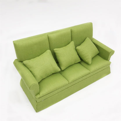 1:12 Miniature Dollhouse Three-Seater Sofa – Living Room Scene Decoration with Three Throw Pillows