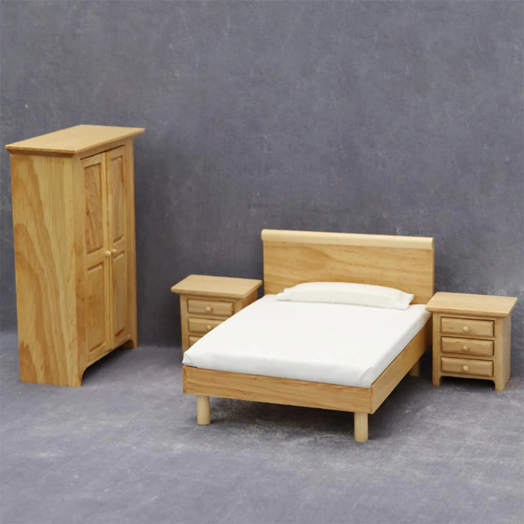 Wooden Unpainted Bedroom Furniture for 1/12 Dollhouse Room Set Decoration