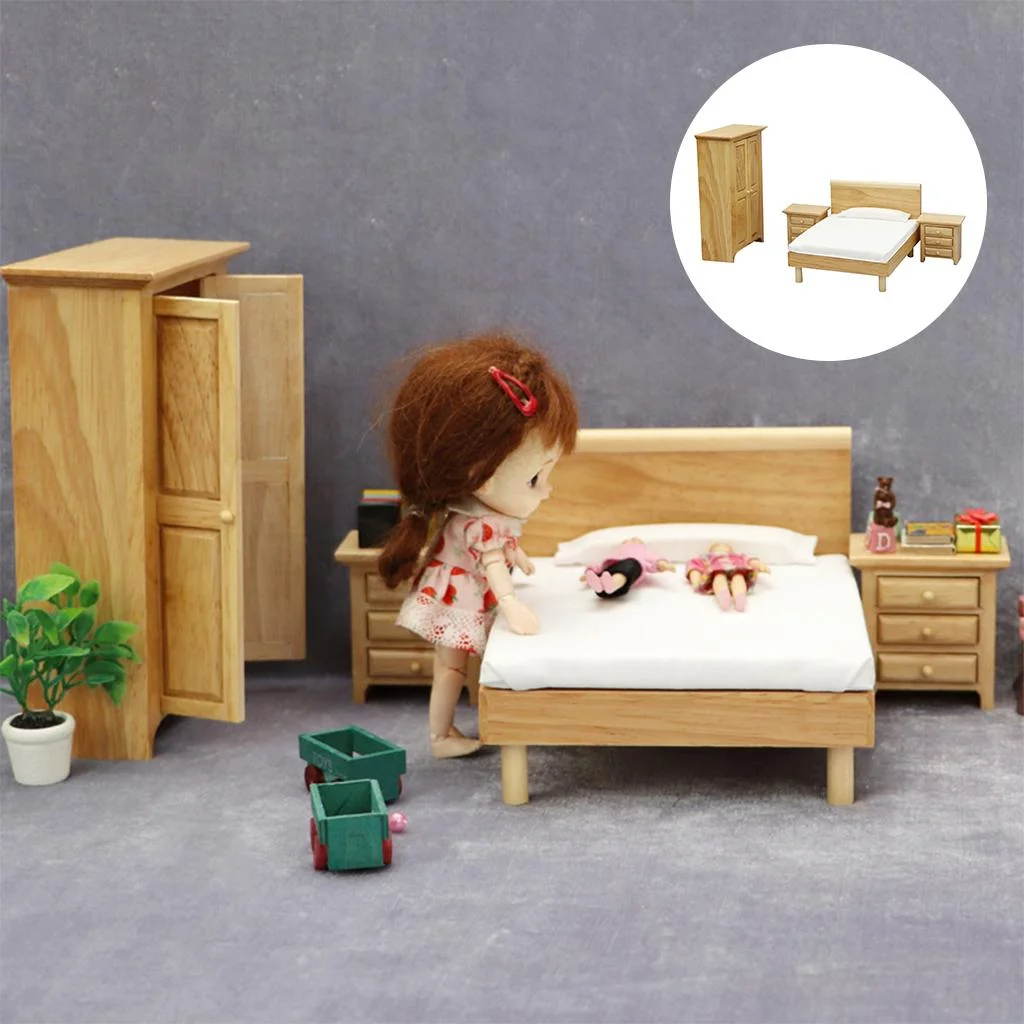 Wooden Unpainted Bedroom Furniture for 1/12 Dollhouse Room Set Decoration