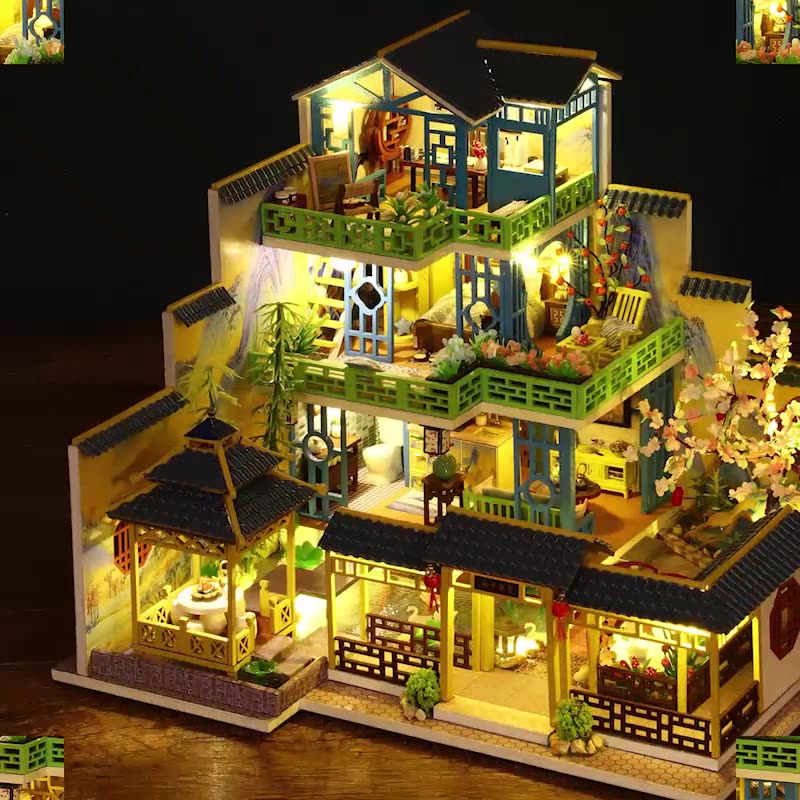 DIY Miniature Dollhouse with Furniture and LED Lights, Japanese Style Wooden Mini-House Includes Dustcover and Music Movement, Collectibles for Hobbies