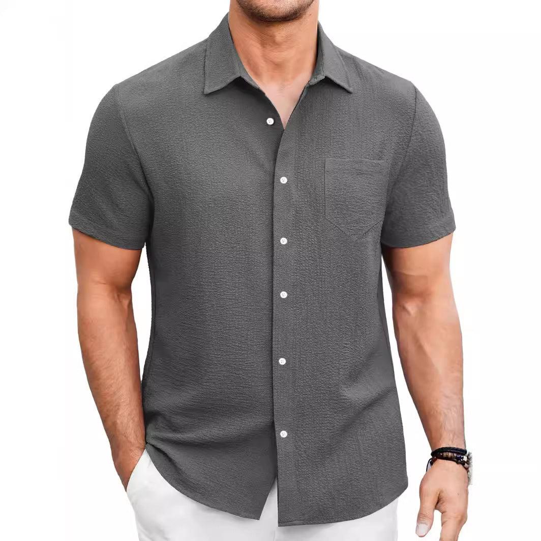 Men's Summer Solid Color Bubble Wrinkle Simple And Comfortable Daily Short Sleeve Shirt