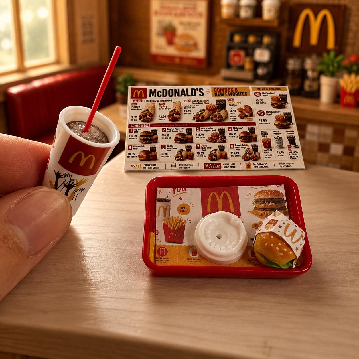 Lily minis-dollhouse Miniature Fast Food Burger Combo Meal, 1:12 Scale Resin Toy Tray Drink Props