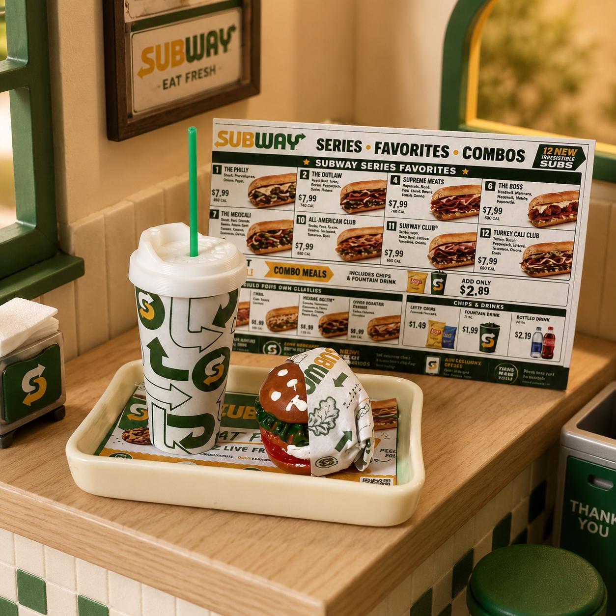 Lily minis-dollhouse Miniature Fast Food Burger Combo Meal, 1:12 Scale Resin Toy Tray Drink Props