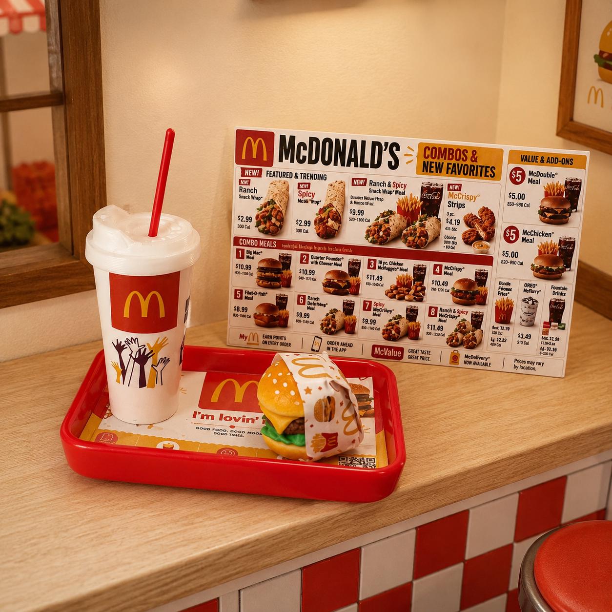 Lily minis-dollhouse Miniature Fast Food Burger Combo Meal, 1:12 Scale Resin Toy Tray Drink Props