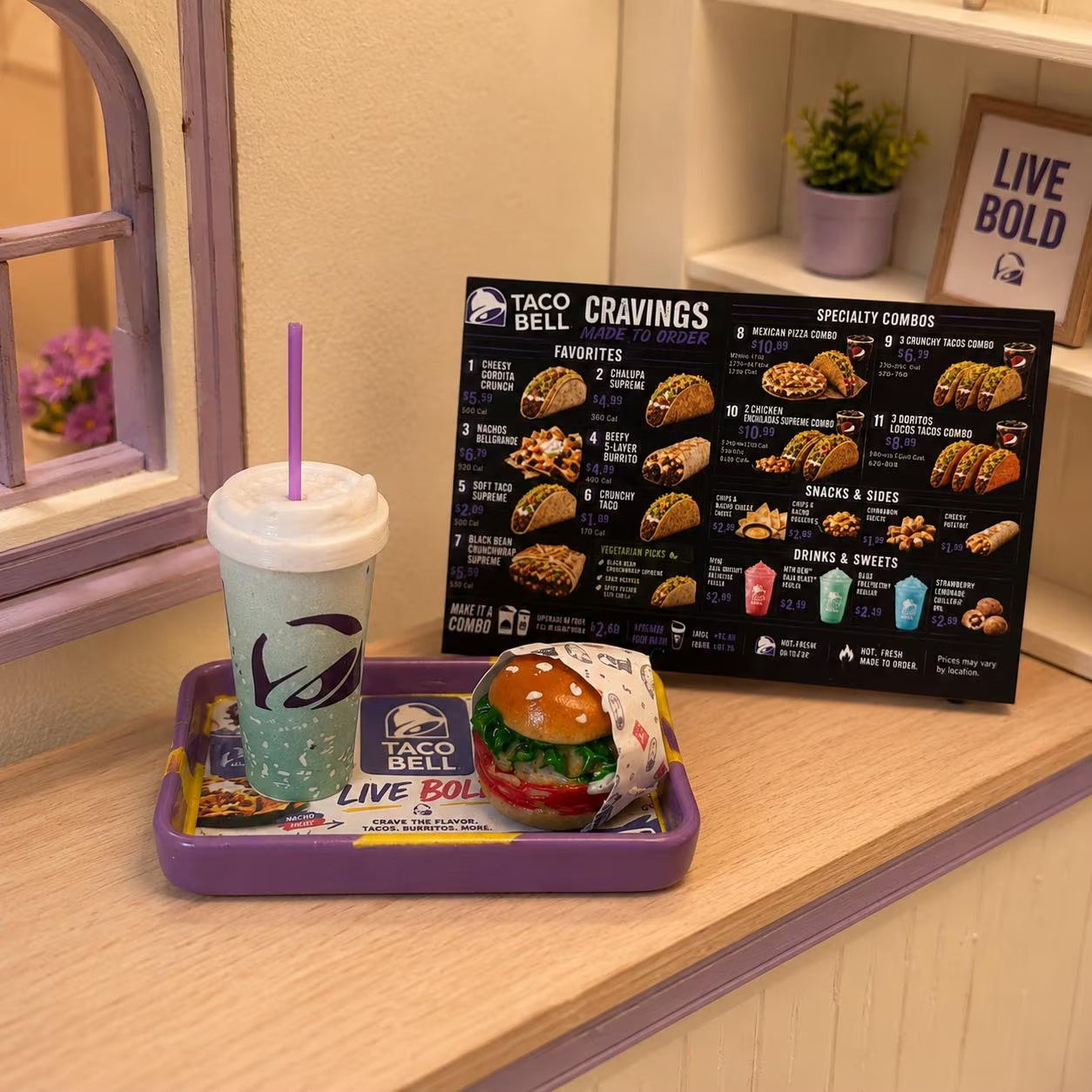 Lily minis-dollhouse Miniature Fast Food Burger Combo Meal, 1:12 Scale Resin Toy Tray Drink Props