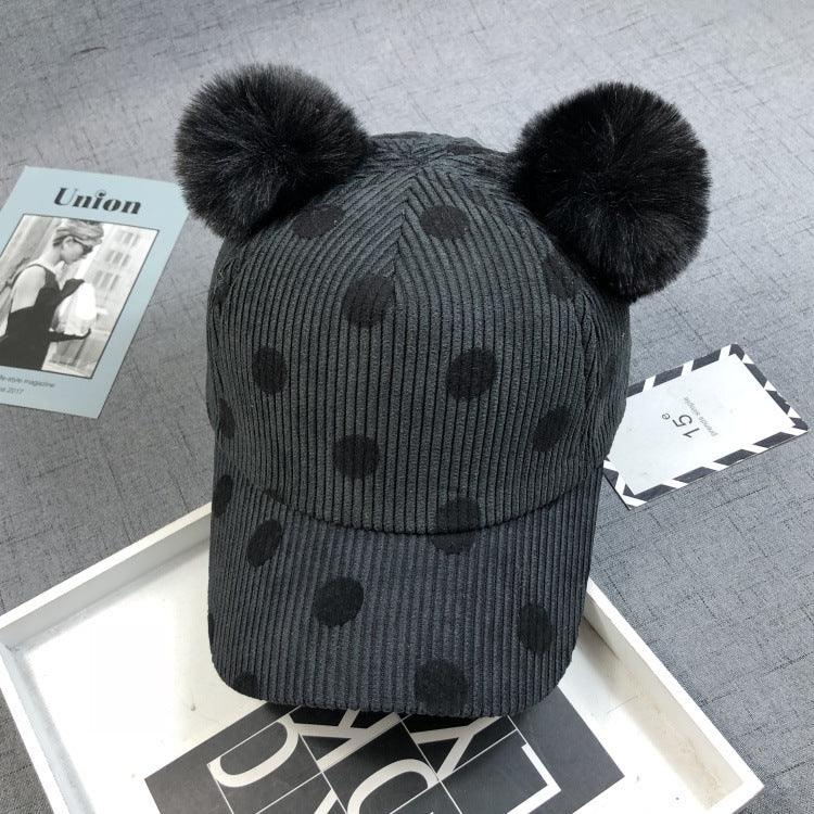 Double Ball Rabbit Fur Corduroy Peaked Hat Autumn And Winter