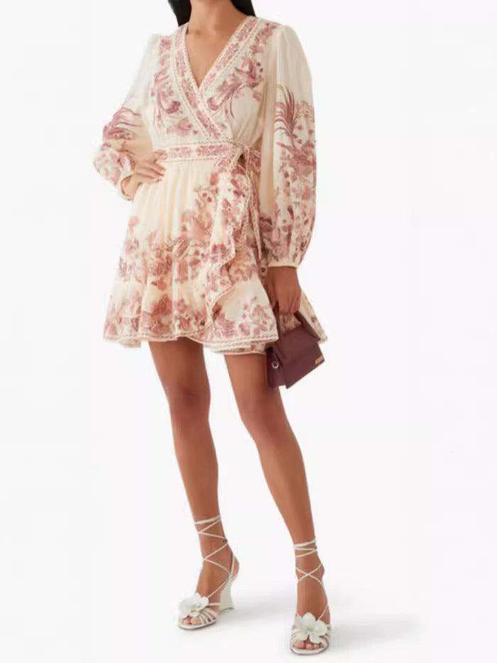 Floral long-sleeved V-neck lace-up dress