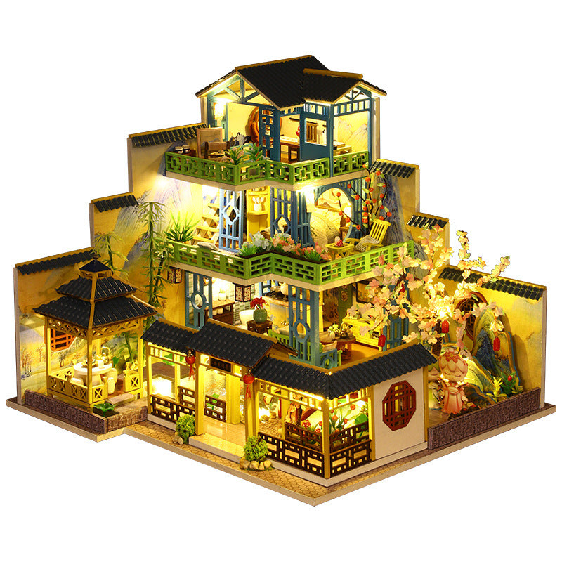 DIY Miniature Dollhouse with Furniture and LED Lights, Japanese Style Wooden Mini-House Includes Dustcover and Music Movement, Collectibles for Hobbies