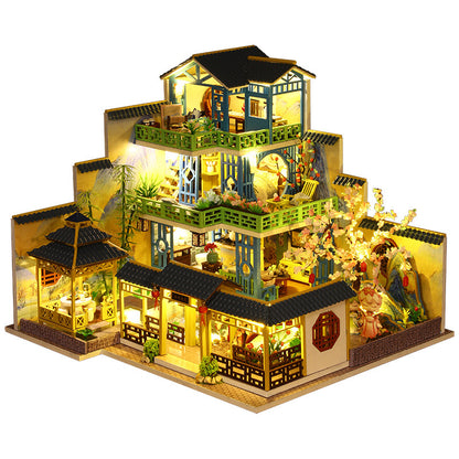 DIY Miniature Dollhouse with Furniture and LED Lights, Japanese Style Wooden Mini-House Includes Dustcover and Music Movement, Collectibles for Hobbies