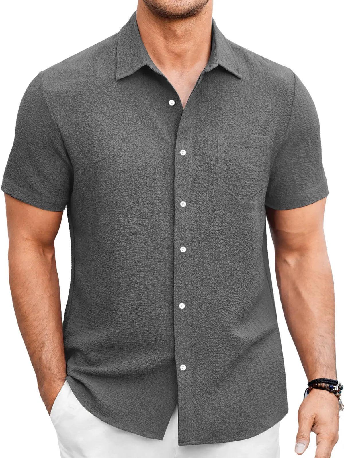 Men's Summer Solid Color Bubble Wrinkle Simple And Comfortable Daily Short Sleeve Shirt