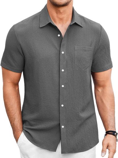 Men's Summer Solid Color Bubble Wrinkle Simple And Comfortable Daily Short Sleeve Shirt
