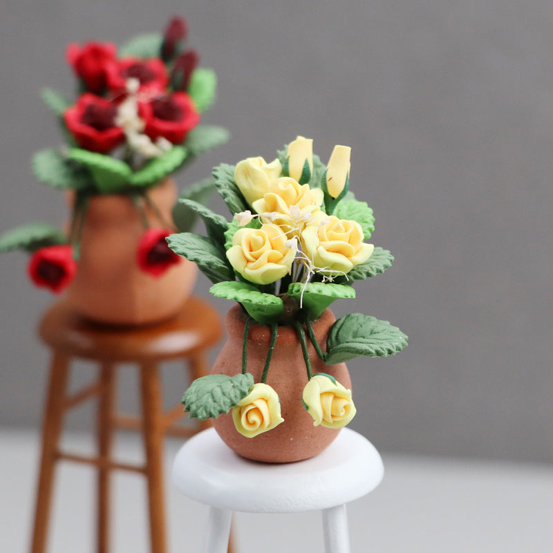 1:12 Dollhouse Miniature Furniture Micro Scene Flower Clay Rose Pot Decoration
