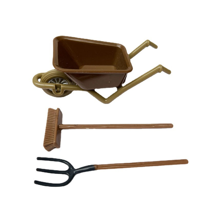 Rustic Farmhouse Miniature Set - 1:12 Scale Wooden Cart, Broom & Tools for Dollhouse Barnyard Scene