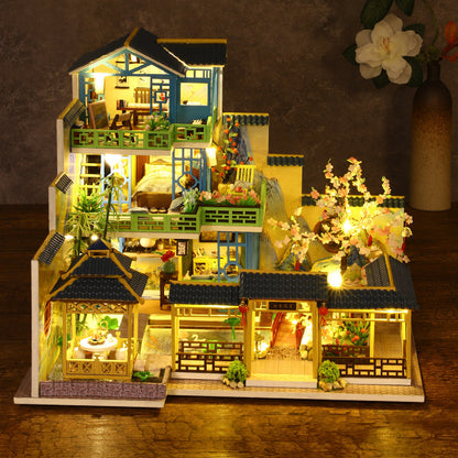 DIY Miniature Dollhouse with Furniture and LED Lights, Japanese Style Wooden Mini-House Includes Dustcover and Music Movement, Collectibles for Hobbies