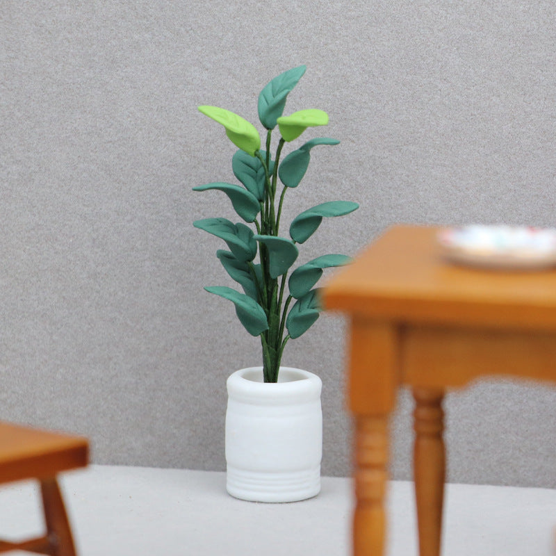 1:12 Dollhouse Miniature Plant Model – New White Pot Green Plant for Miniature Scene