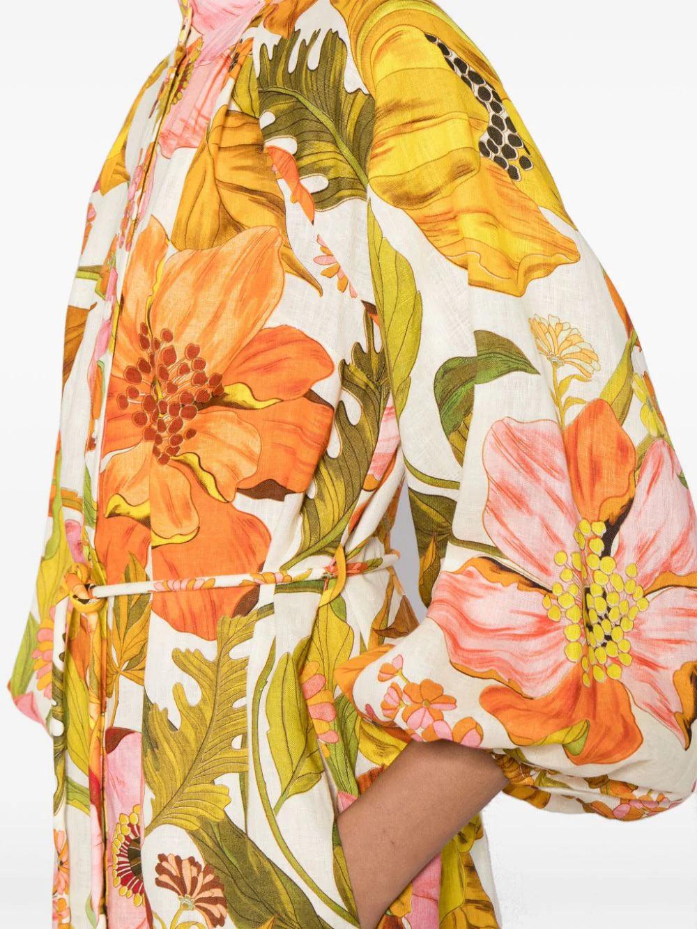 Floral print slim-fit dress with puffy sleeves