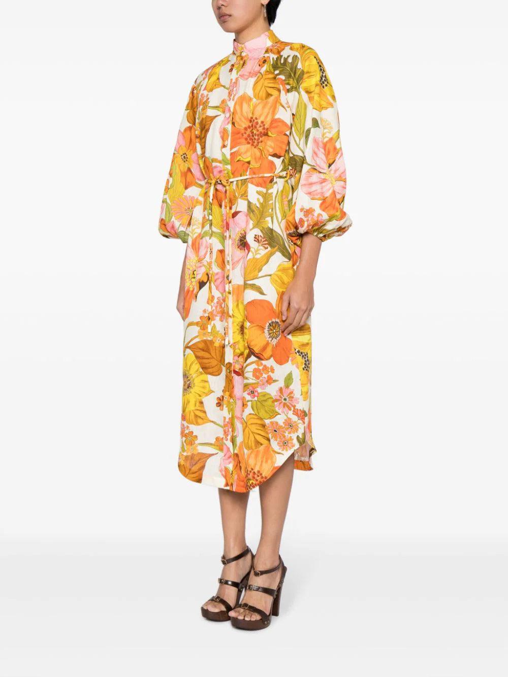 Floral print slim-fit dress with puffy sleeves