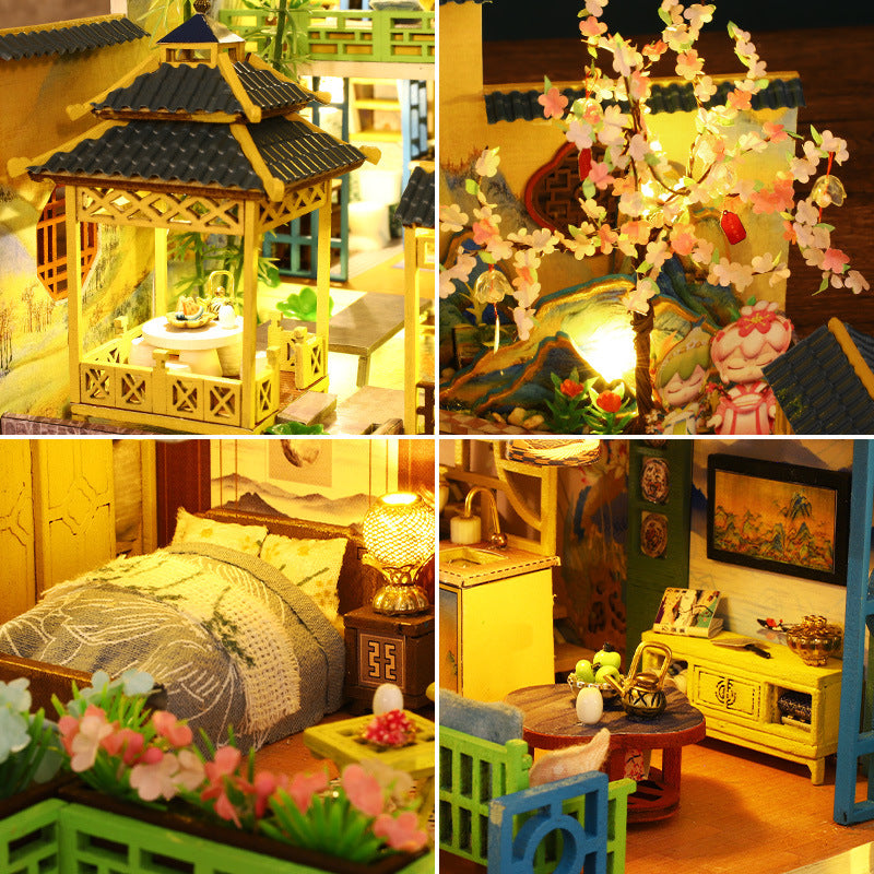 DIY Miniature Dollhouse with Furniture and LED Lights, Japanese Style Wooden Mini-House Includes Dustcover and Music Movement, Collectibles for Hobbies