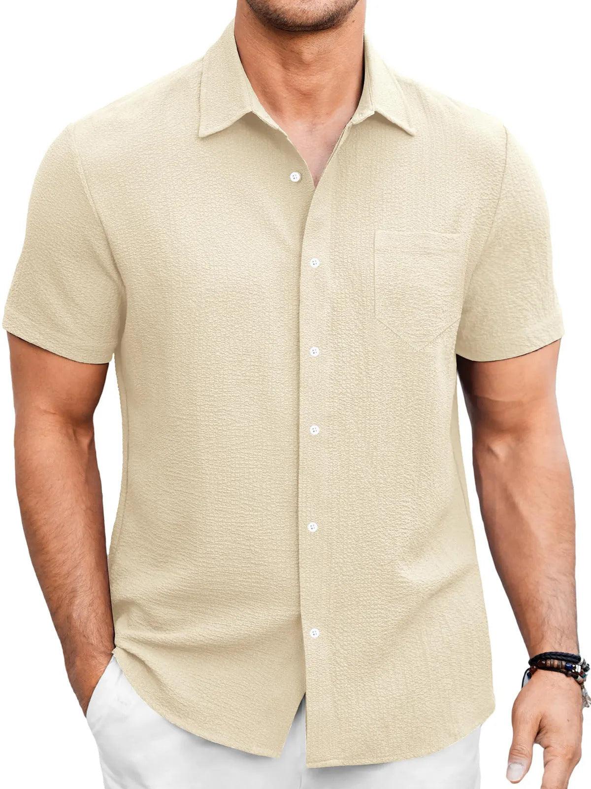Men's Summer Solid Color Bubble Wrinkle Simple And Comfortable Daily Short Sleeve Shirt