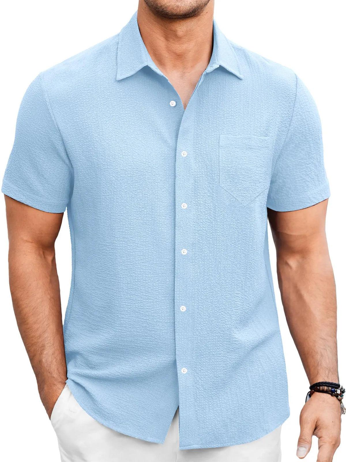 Men's Summer Solid Color Bubble Wrinkle Simple And Comfortable Daily Short Sleeve Shirt