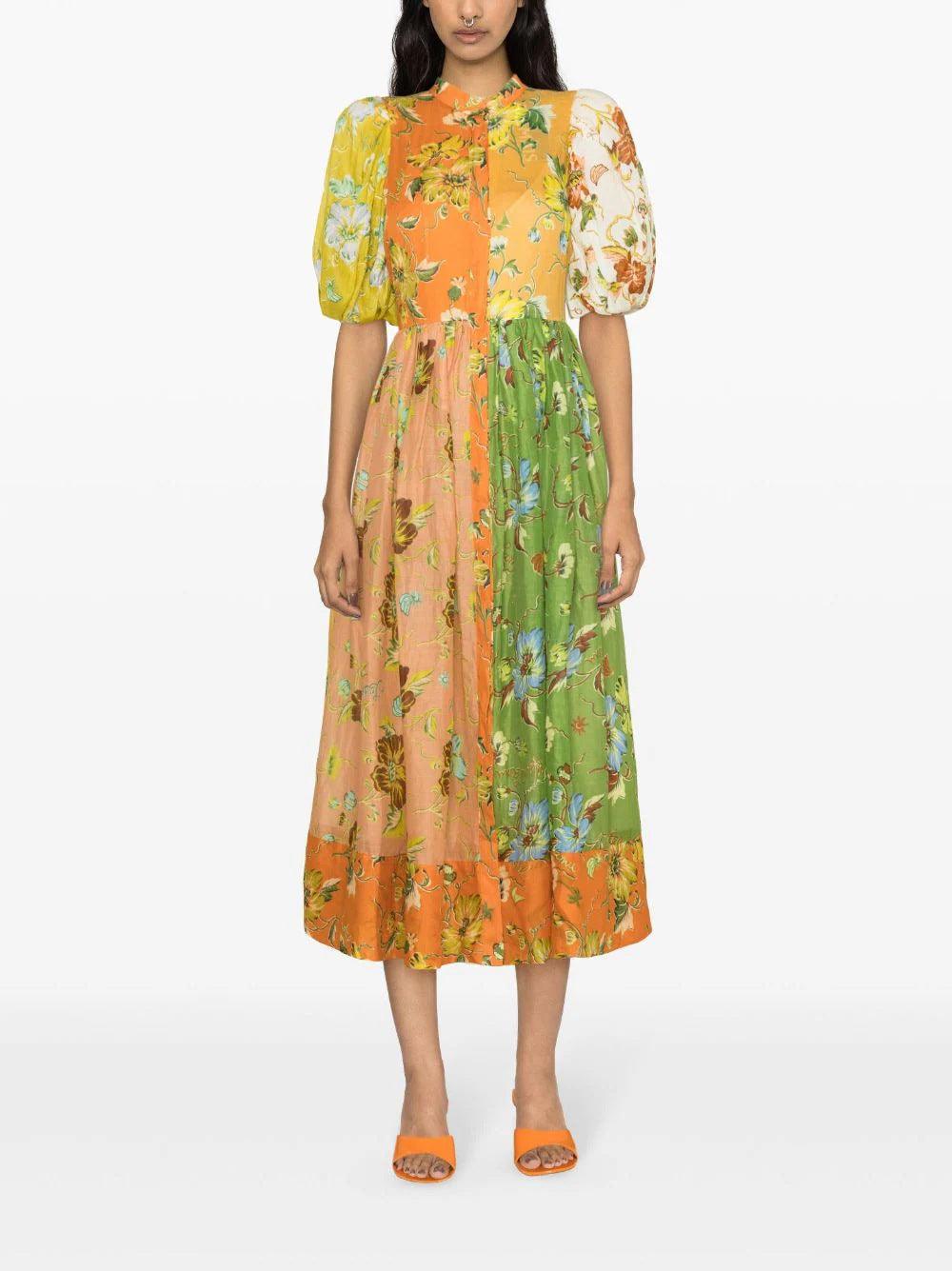 Cotton linen mid-length dress with puffed sleeves in floral print