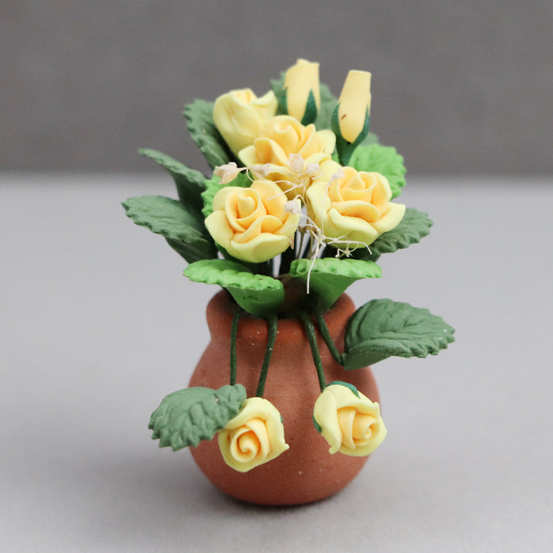 1:12 Dollhouse Miniature Furniture Micro Scene Flower Clay Rose Pot Decoration