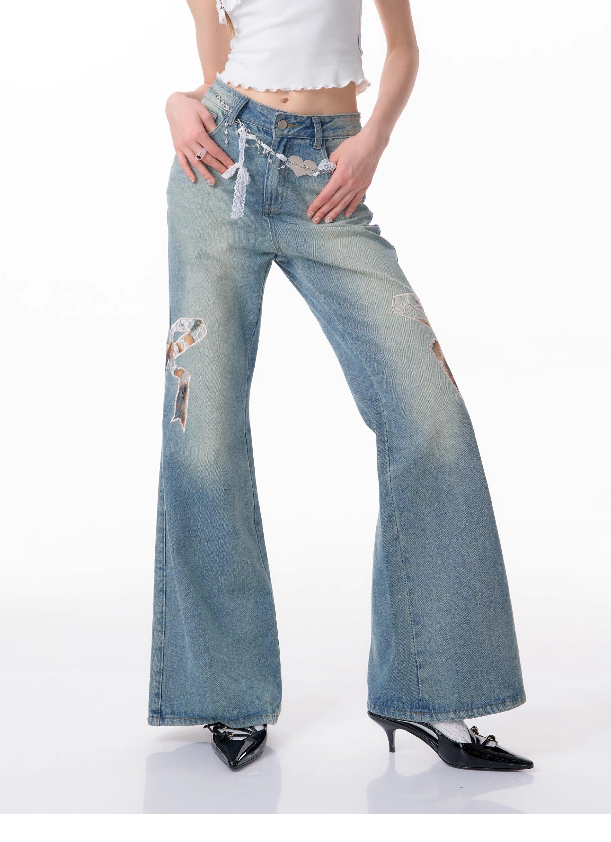 High Waist Bow Patch Wide Leg Straight Jeans