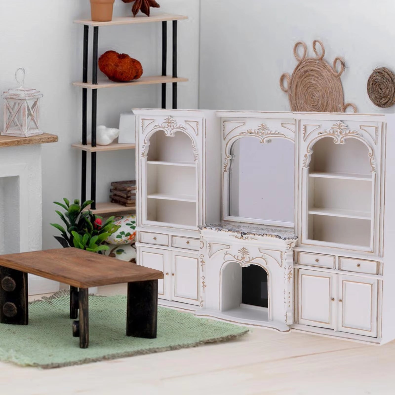 Miniature Dollhouse 1:12 Furniture Ob11 Fireplace with Mirror Showcase Bookcase