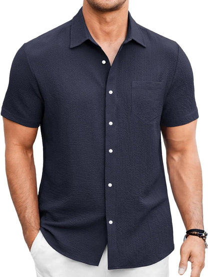 Men's Summer Solid Color Bubble Wrinkle Simple And Comfortable Daily Short Sleeve Shirt