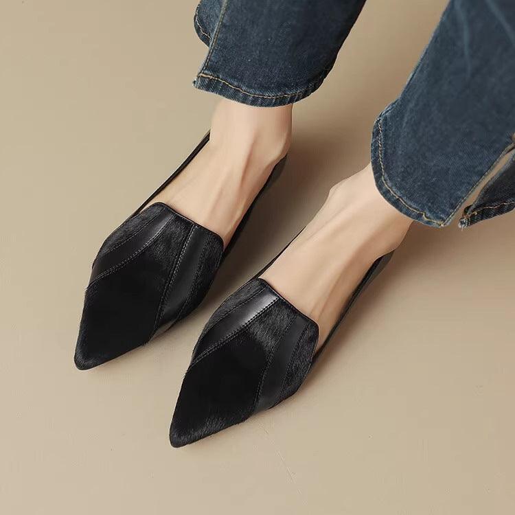 Women's Fashion Simple Soft Leather Stitching Pointed Toe Low-cut Shoes