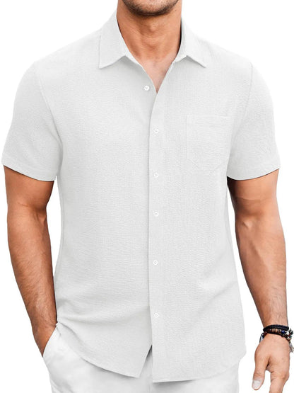 Men's Summer Solid Color Bubble Wrinkle Simple And Comfortable Daily Short Sleeve Shirt