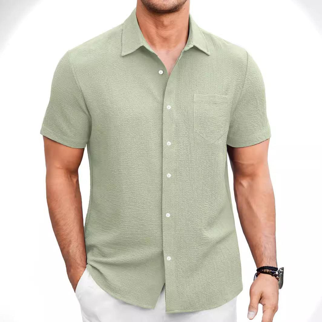 Men's Summer Solid Color Bubble Wrinkle Simple And Comfortable Daily Short Sleeve Shirt
