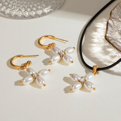 Stainless Steel Freshwater Pearl C- Shaped Hanging Cross Necklace