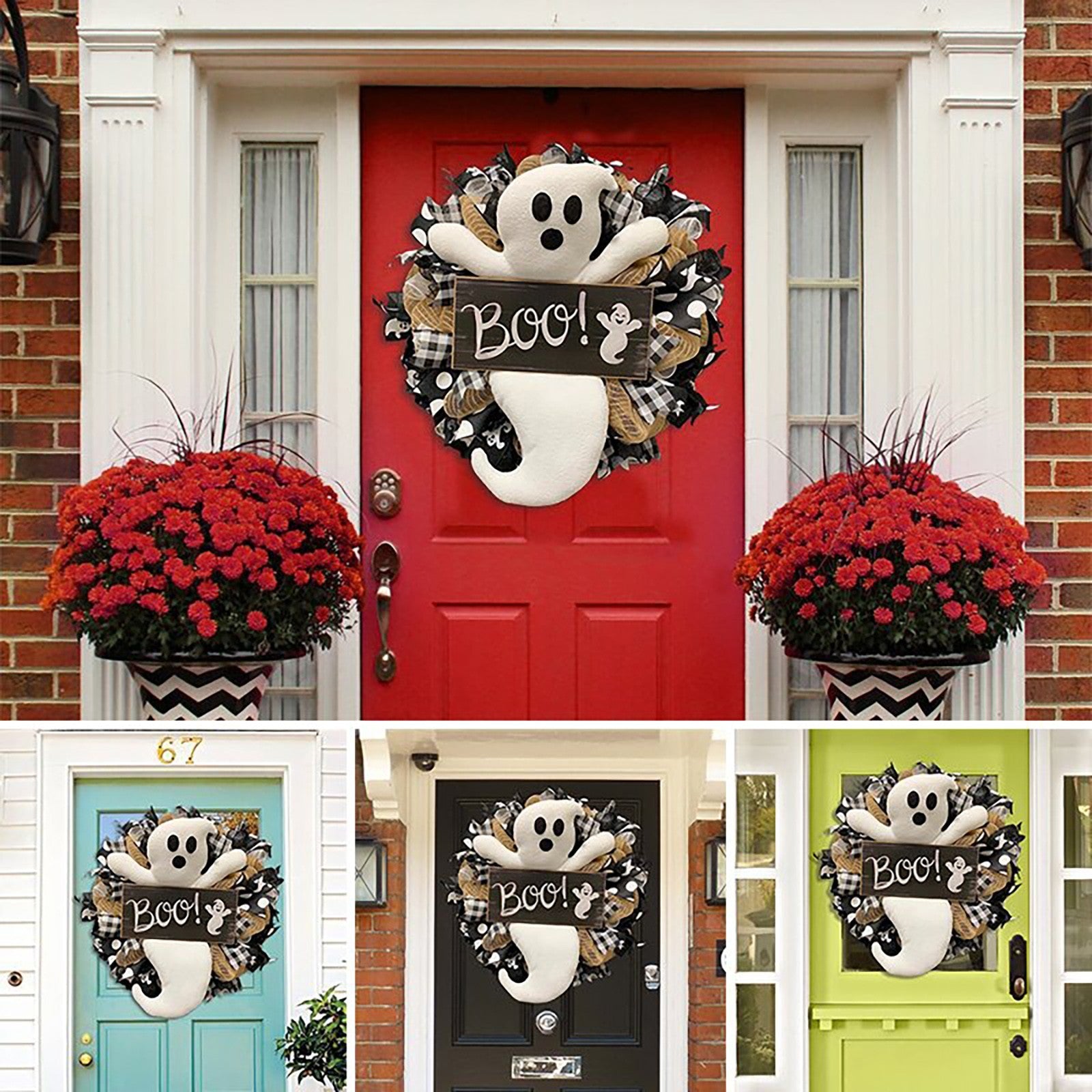 Halloween Wreath BOO Farmhouse-Ghost Wreath Outdoor Front Door Indoor Wall Decor Honeycomb Ghost Smiley Balloon For Halloween