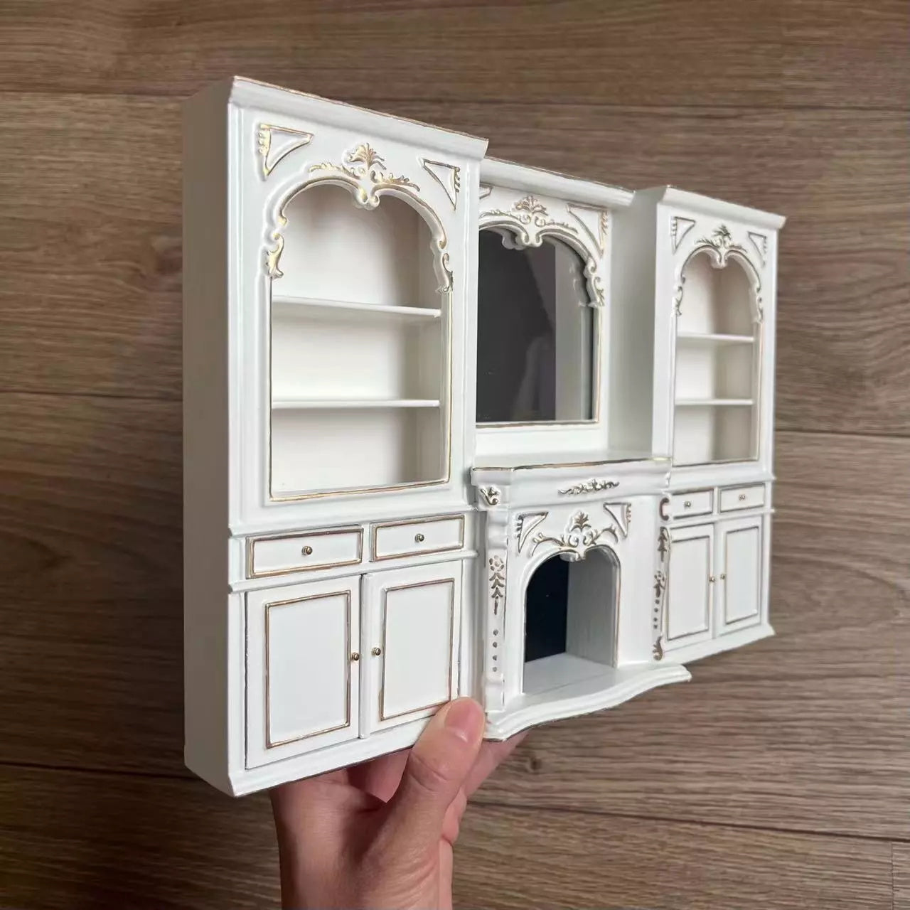Miniature Dollhouse 1:12 Furniture Ob11 Fireplace with Mirror Showcase Bookcase